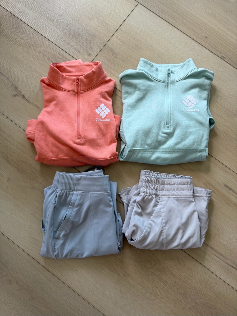 Columbia Women’s Coral & Mint Half-Zip Pullovers with Light Gray and Tan Joggers